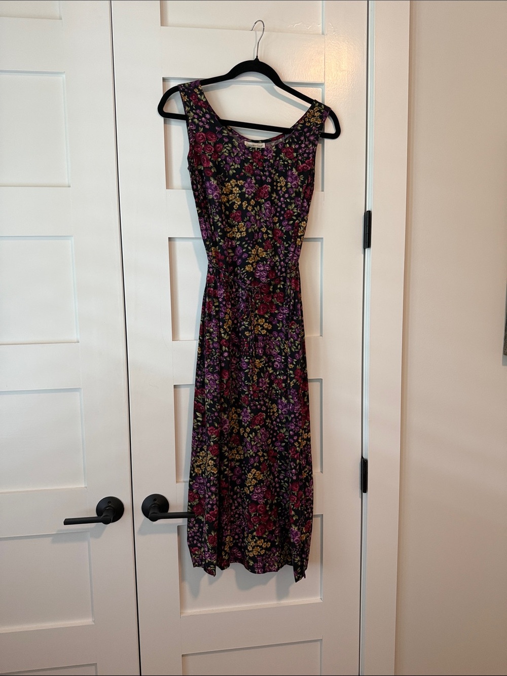 Coldwater Creek Black Midi Dress with Pink & Purple Floral Print